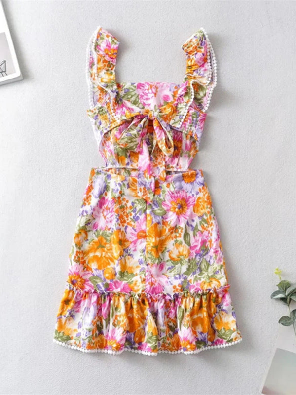 Back tie design backless dress fresh and sweet short skirt popular ruffled print A-line skirt kakaclo