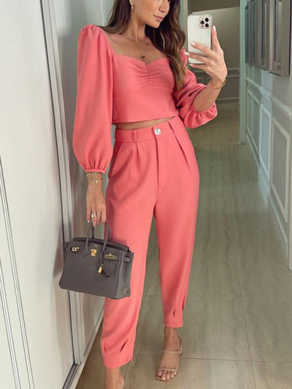 Blue Zone Planet |  Solid color square collar high waist trousers two-piece set BLUE ZONE PLANET