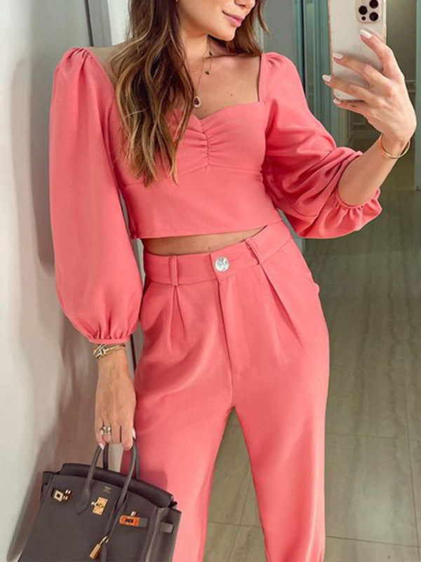 Blue Zone Planet |  Solid color square collar high waist trousers two-piece set BLUE ZONE PLANET