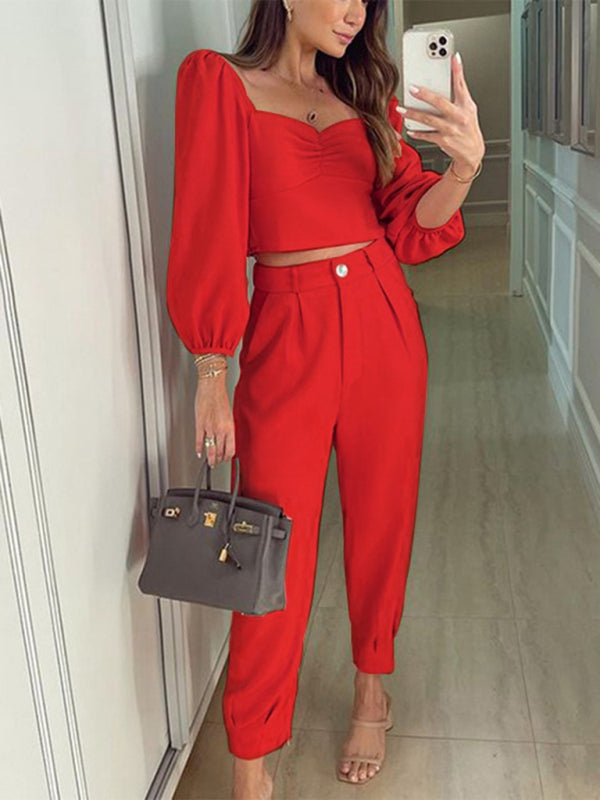 Blue Zone Planet |  Solid color square collar high waist trousers two-piece set BLUE ZONE PLANET