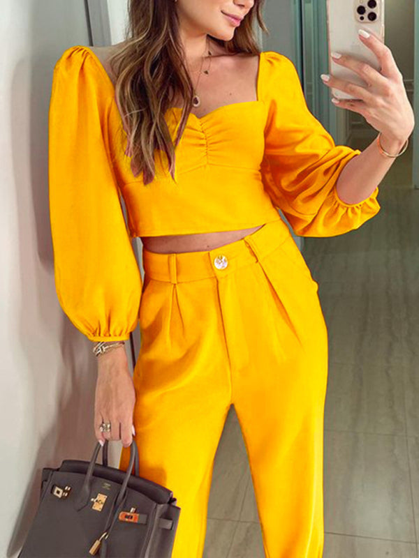 Blue Zone Planet |  Solid color square collar high waist trousers two-piece set BLUE ZONE PLANET