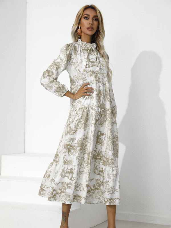Round Neck Print Loose Cropped Sleeve Dress-TOPS / DRESSES-[Adult]-[Female]-2022 Online Blue Zone Planet