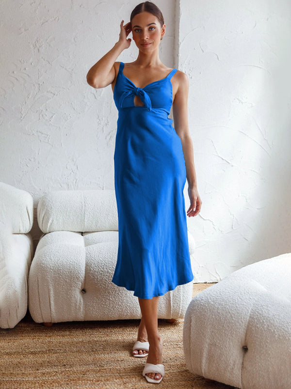 Blue Zone Planet |  Solid Satin Knotted Strap Midi Dress BLUE ZONE PLANET