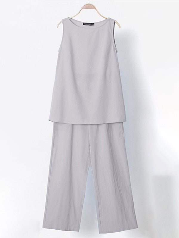 Blue Zone Planet |  Mia's Solid Color Cotton Linen Sleeveless Top and Wide-Leg Pants Two-Piece Suit BLUE ZONE PLANET