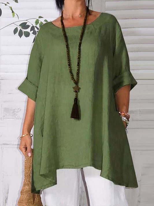 Round Neck Asymmetric Hem Solid Short Sleeve Shirt kakaclo