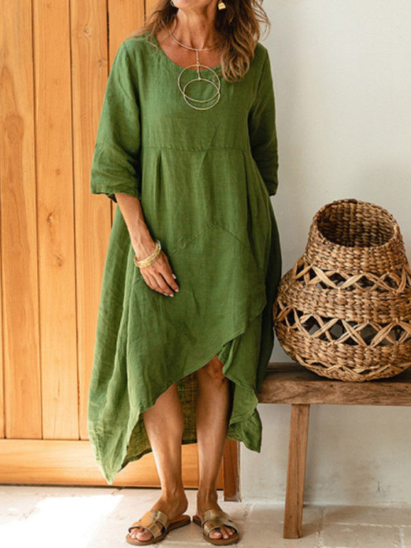 Blue Zone Planet |  Casual cotton linen round neck solid color three-quarter sleeves loose mid-length dress kakaclo