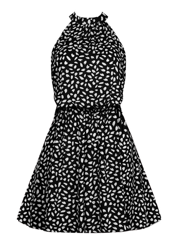 woven off-the-shoulder halter strap heart-shaped print mini dress kakaclo