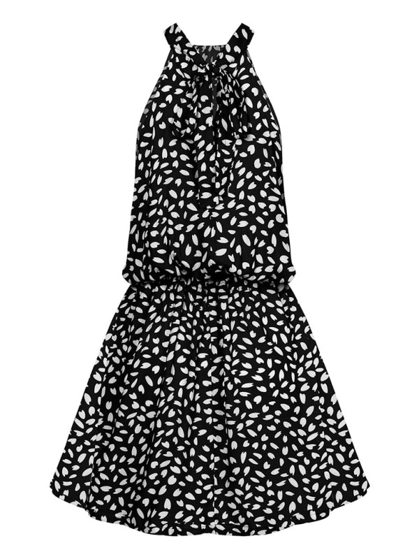 woven off-the-shoulder halter strap heart-shaped print mini dress kakaclo