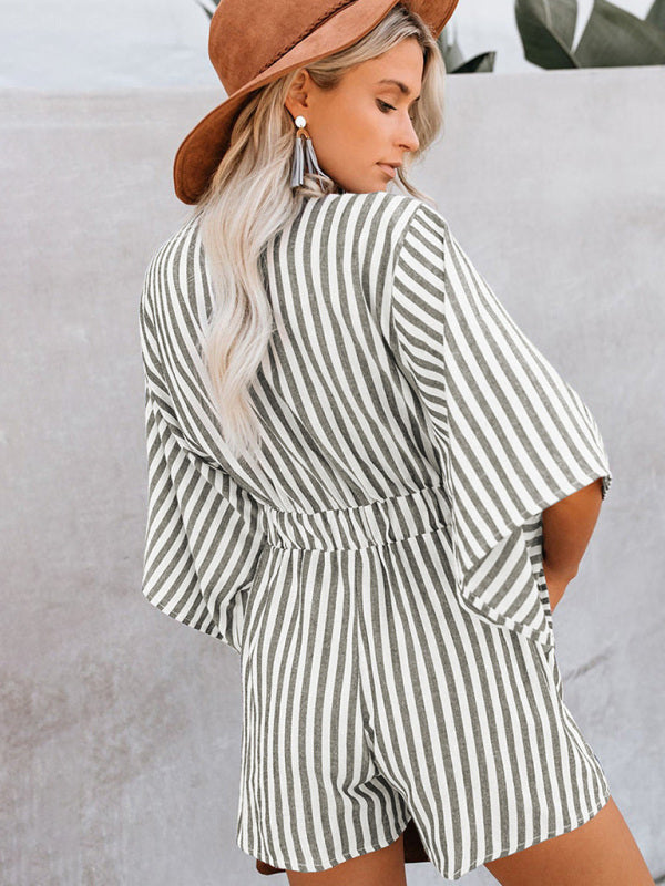 Summer slim waist striped jumpsuit deep V trumpet sleeve three-pointer BLUE ZONE PLANET