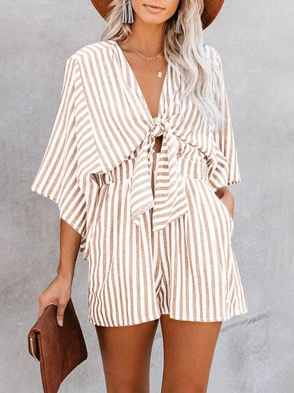 Summer slim waist striped jumpsuit deep V trumpet sleeve three-pointer BLUE ZONE PLANET