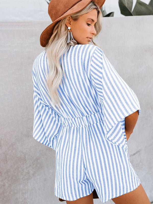 Summer slim waist striped jumpsuit deep V trumpet sleeve three-pointer BLUE ZONE PLANET