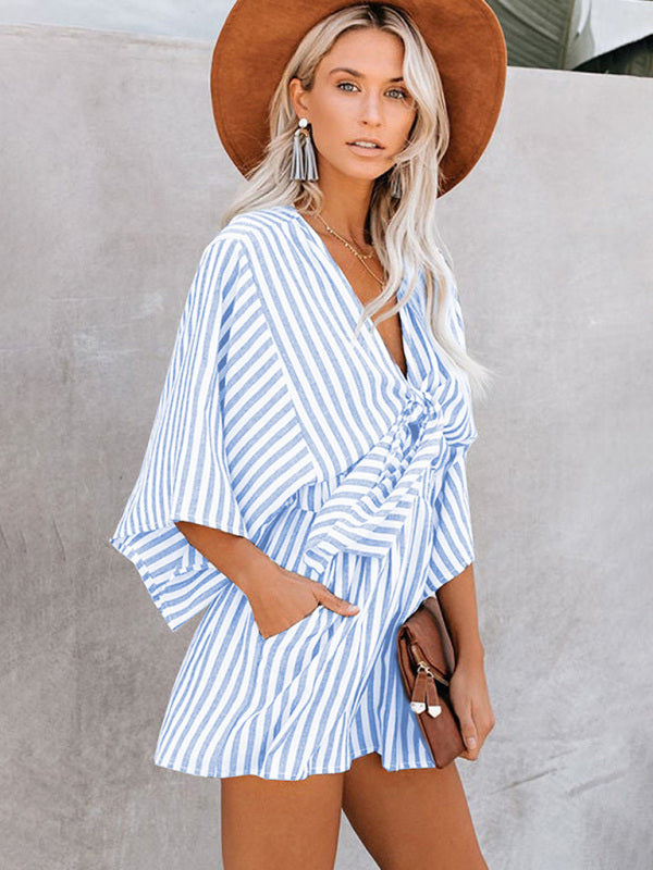 Summer slim waist striped jumpsuit deep V trumpet sleeve three-pointer BLUE ZONE PLANET