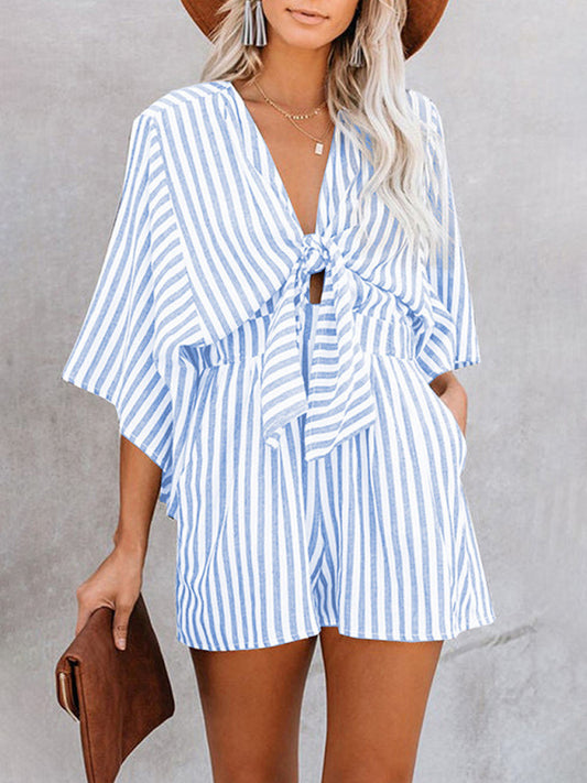 Summer slim waist striped jumpsuit deep V trumpet sleeve three-pointer BLUE ZONE PLANET