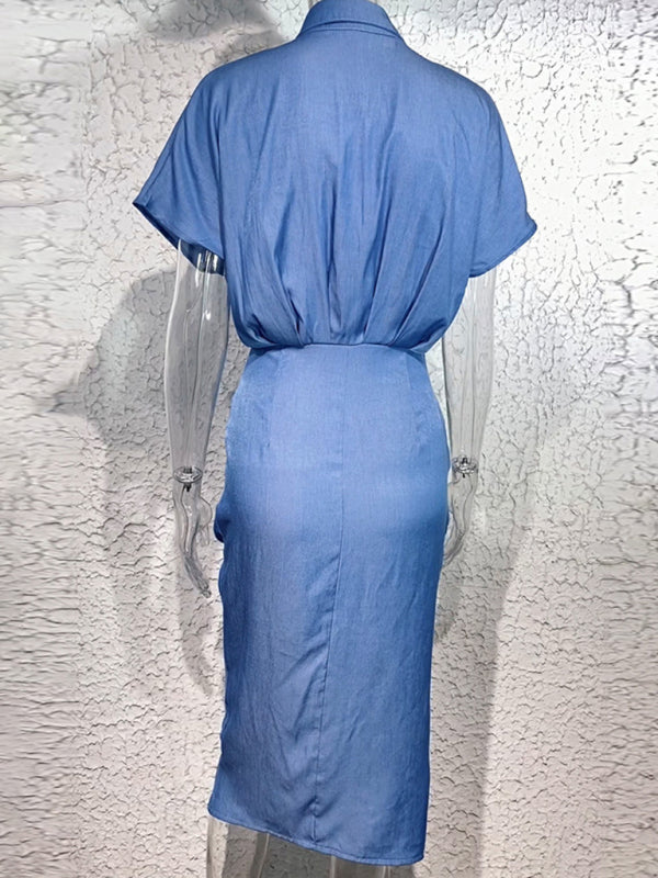 Blue Zone Planet |  Elegant Lapel Neck Button High Elastic Pleated Waist Denim Dress BLUE ZONE PLANET