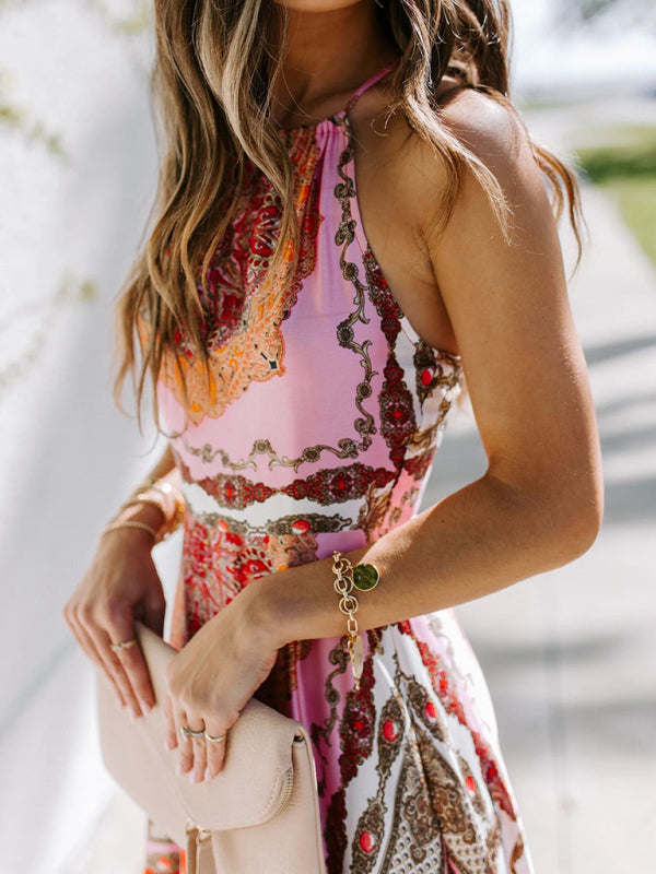 Blue Zone Planet |  Printed Halter Neck High Waist Scheming Red Temperament Commuter Dress BLUE ZONE PLANET