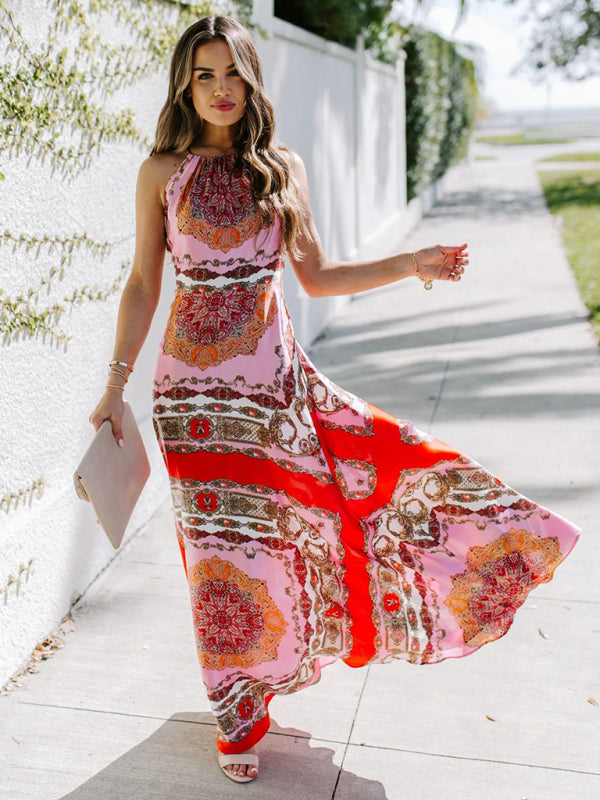 Blue Zone Planet |  Printed Halter Neck High Waist Scheming Red Temperament Commuter Dress BLUE ZONE PLANET