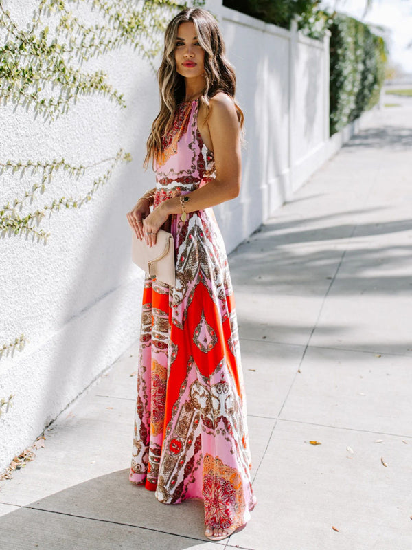 Blue Zone Planet |  Printed Halter Neck High Waist Scheming Red Temperament Commuter Dress BLUE ZONE PLANET