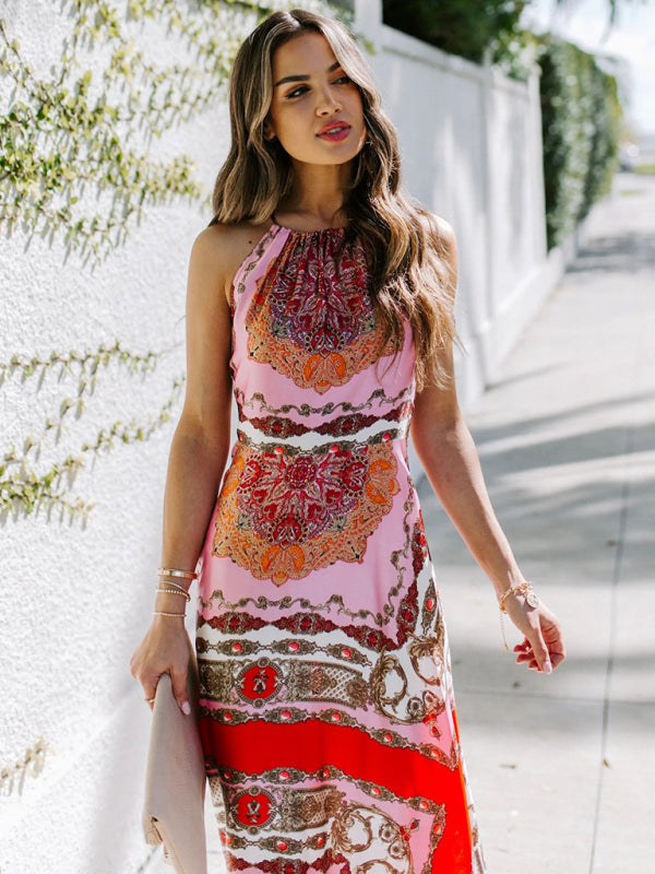 Blue Zone Planet |  Printed Halter Neck High Waist Scheming Red Temperament Commuter Dress BLUE ZONE PLANET