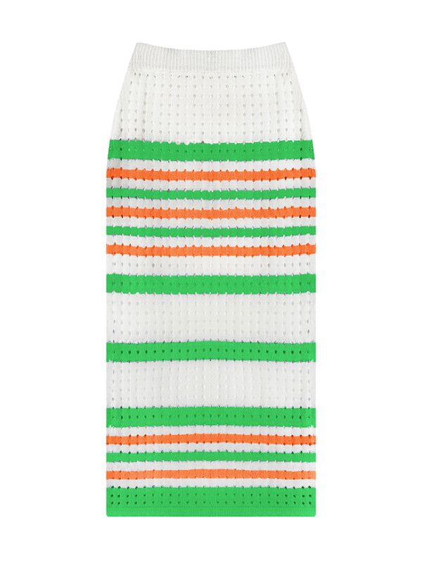 Striped Hollow Short Vest + Slit Long Skirt Two-Piece Suit kakaclo