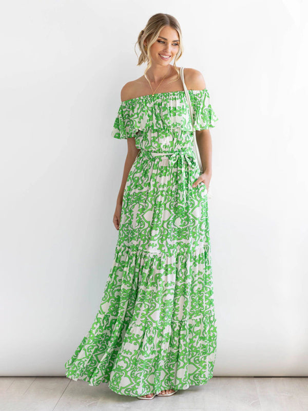 Printed Boat Neck Tie Ruffle Trim Long Swing Dress kakaclo