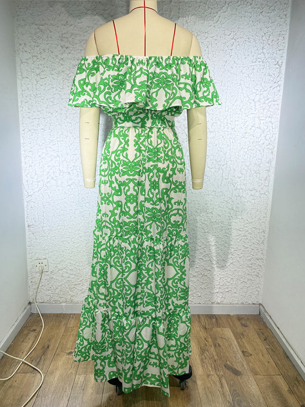 Printed Boat Neck Tie Ruffle Trim Long Swing Dress kakaclo