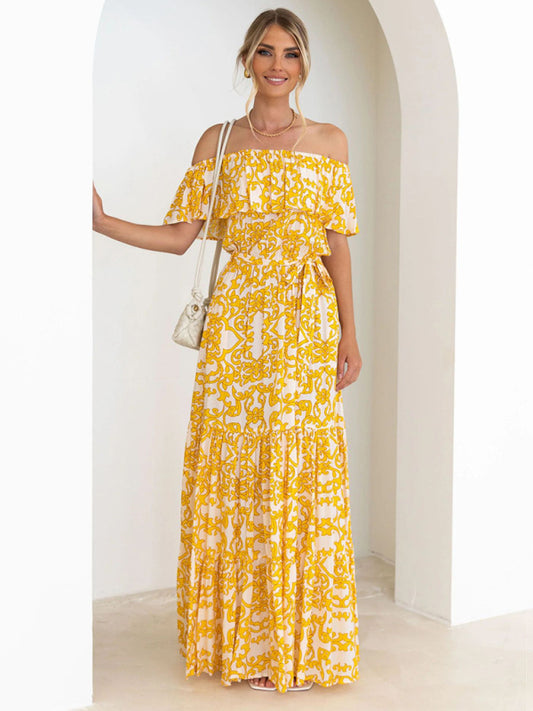 Printed Boat Neck Tie Ruffle Trim Long Swing Dress kakaclo