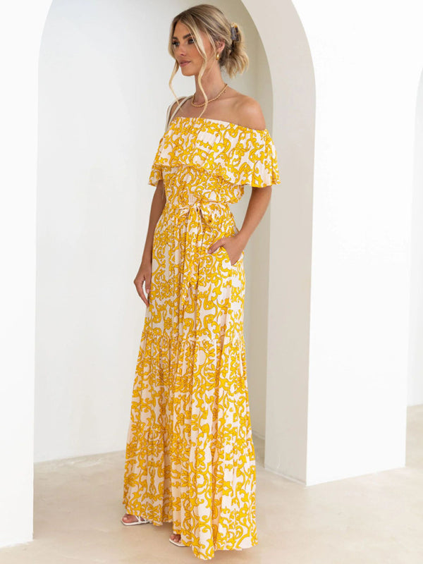 Printed Boat Neck Tie Ruffle Trim Long Swing Dress kakaclo