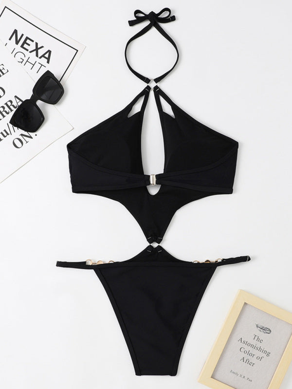 one-piece multicolor hollow pearl chain halter neck swimsuit kakaclo