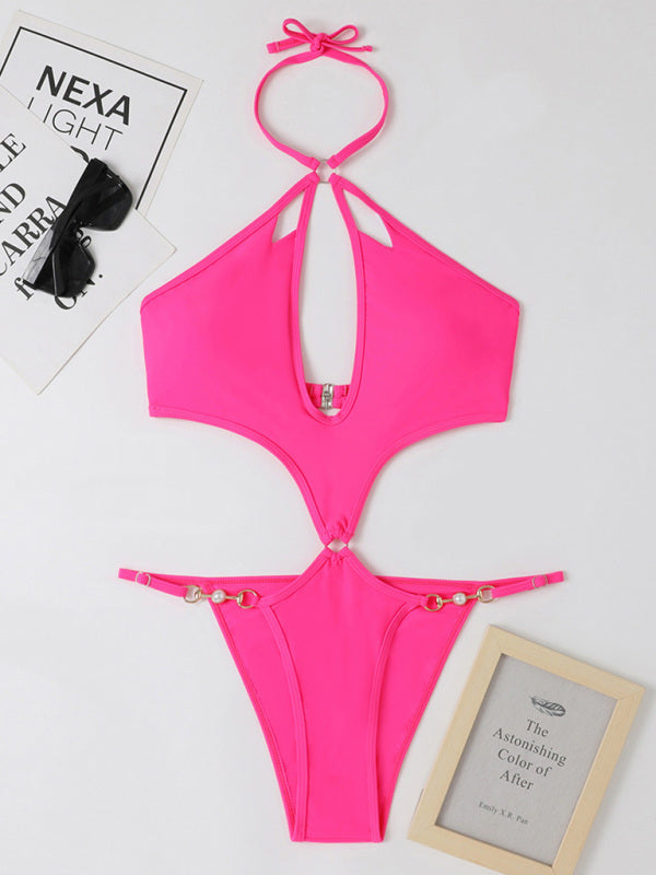 one-piece multicolor hollow pearl chain halter neck swimsuit kakaclo