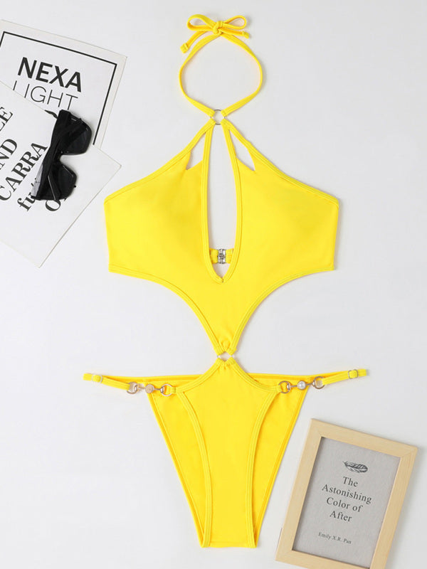 one-piece multicolor hollow pearl chain halter neck swimsuit kakaclo