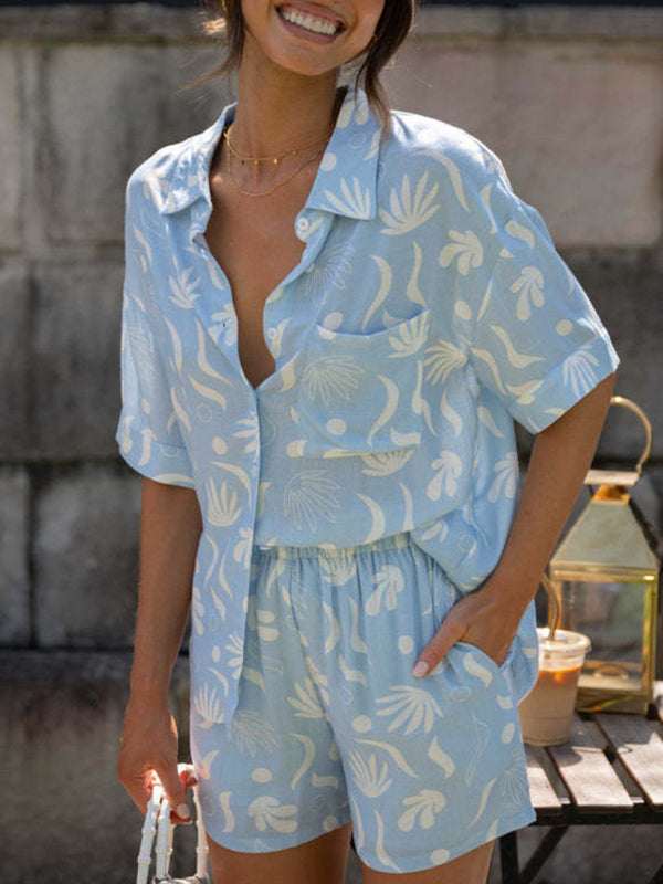 Blue Zone Planet |  Lapel Printed Sleeve Top Shorts Two-Piece Set BLUE ZONE PLANET