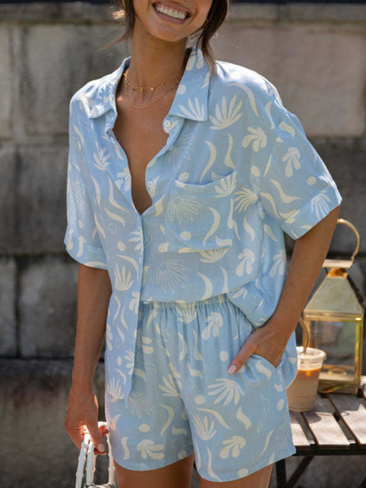 Blue Zone Planet |  Lapel Printed Sleeve Top Shorts Two-Piece Set BLUE ZONE PLANET