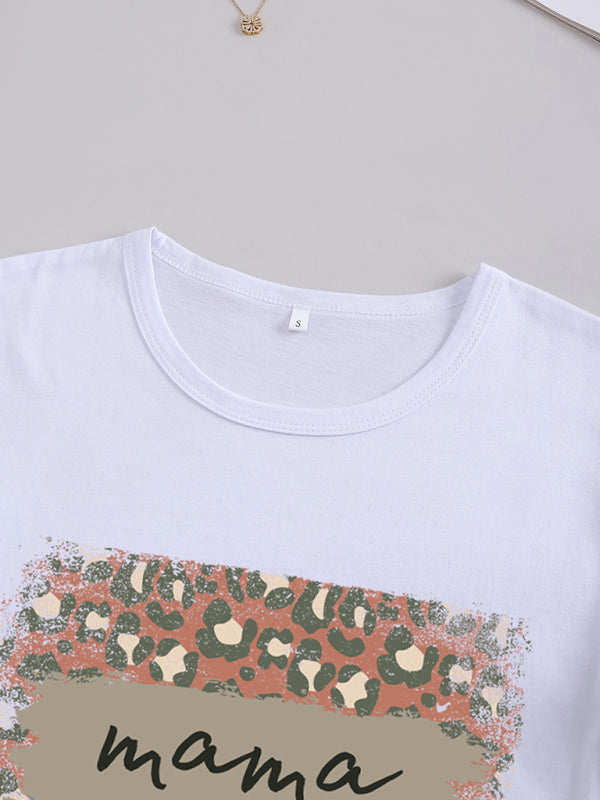 Women's Knitted Round Neck Leopard Print Mother's Day Short Sleeve T-Shirt kakaclo