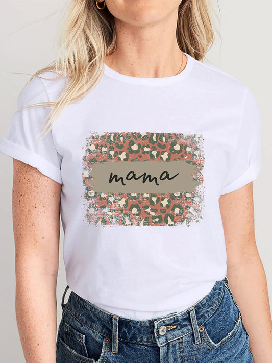Women's Knitted Round Neck Leopard Print Mother's Day Short Sleeve T-Shirt kakaclo