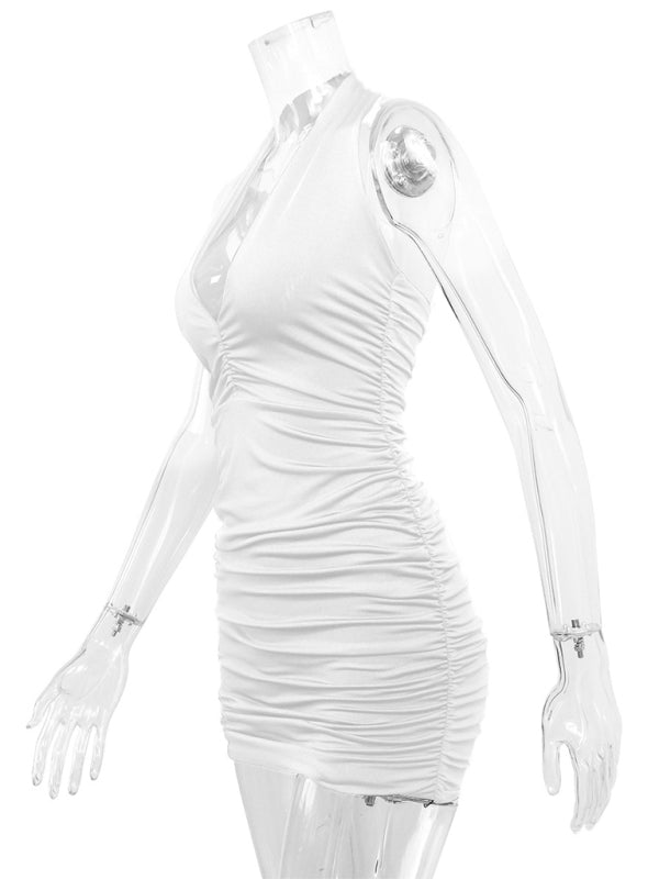 V-neck Halter Neck Backless Pleated Mini Dress kakaclo