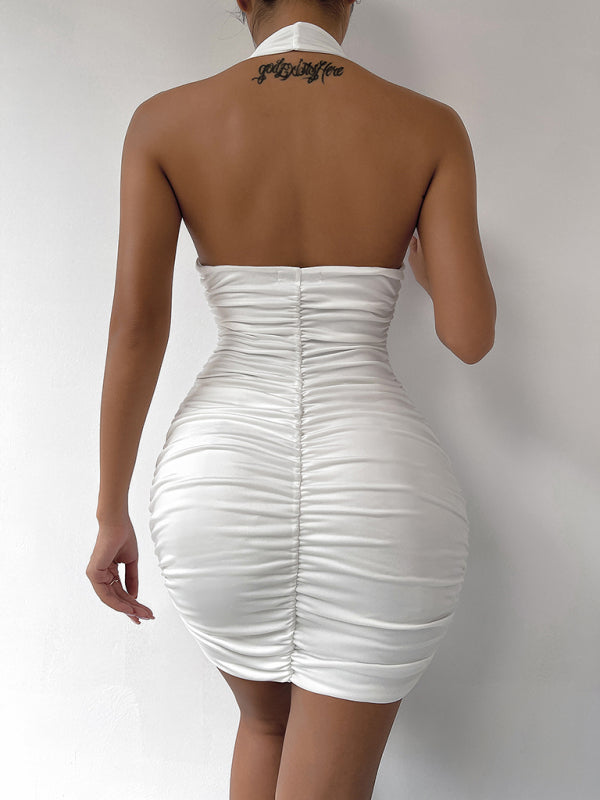 V-neck Halter Neck Backless Pleated Mini Dress kakaclo