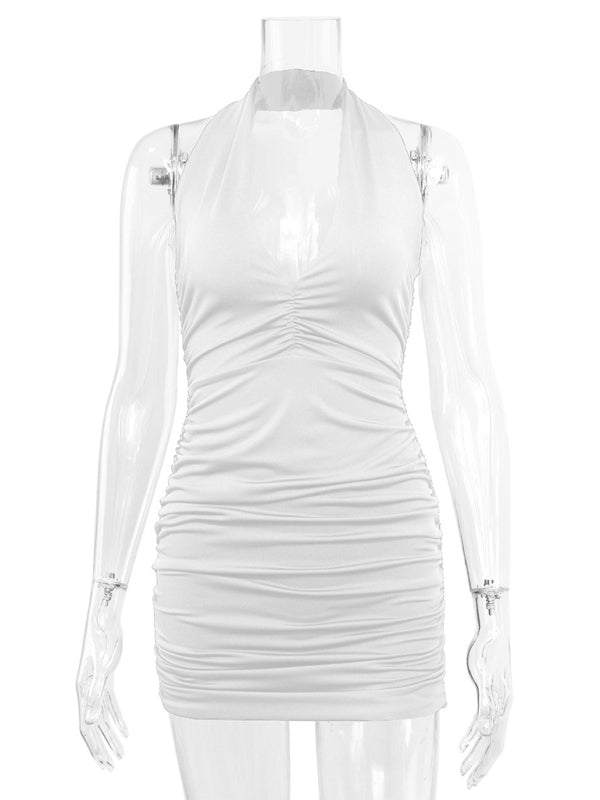 V-neck Halter Neck Backless Pleated Mini Dress kakaclo
