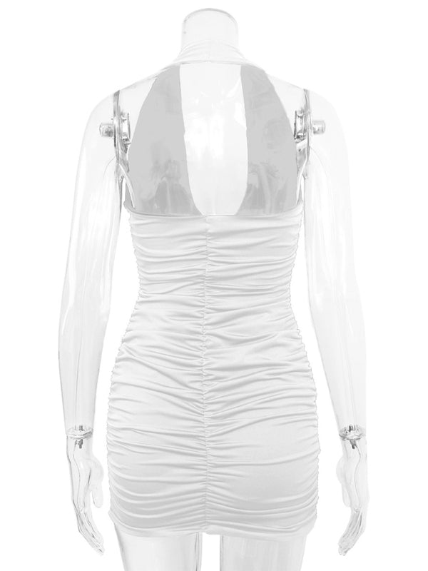V-neck Halter Neck Backless Pleated Mini Dress kakaclo
