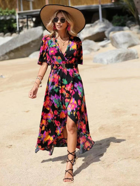 printed short-sleeved V-neck pullover irregular beach dress kakaclo