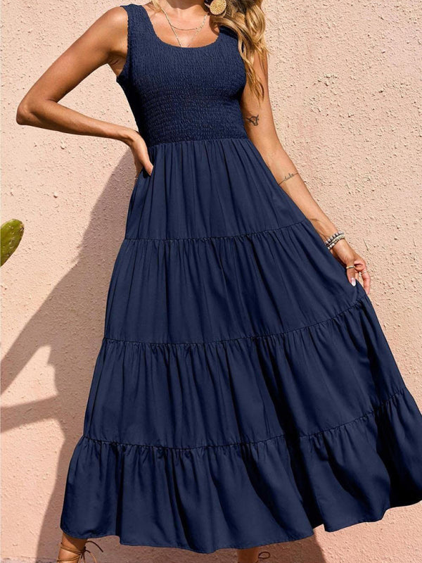 Blue Zone Planet |  Ava's Solid Color Pleated Panel Sleeveless Swing Midi Dress kakaclo