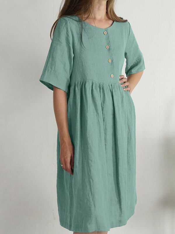 Cotton Linen Round Neck Loose Solid Color Pocket Dress BLUE ZONE PLANET