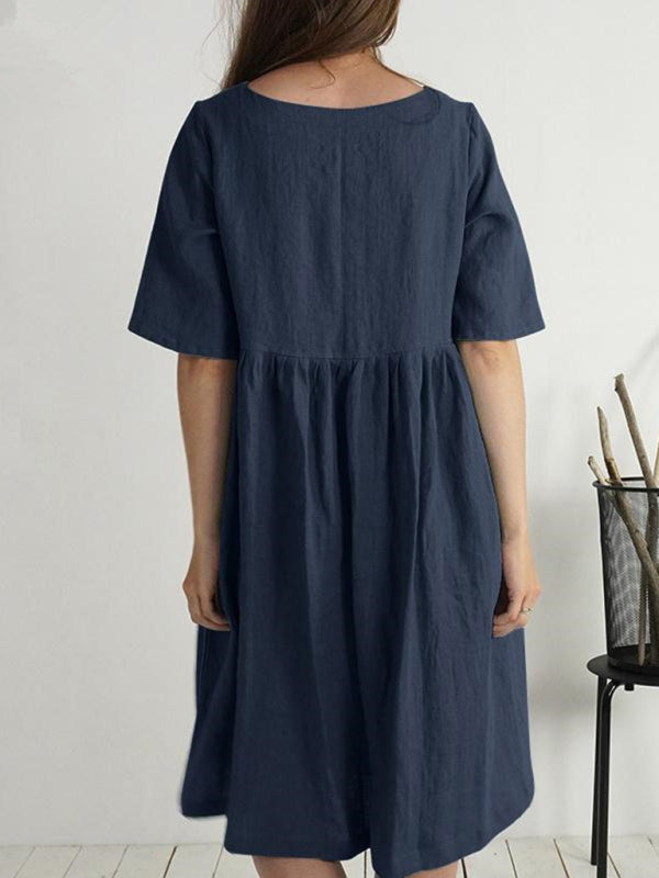 Cotton Linen Round Neck Loose Solid Color Pocket Dress BLUE ZONE PLANET