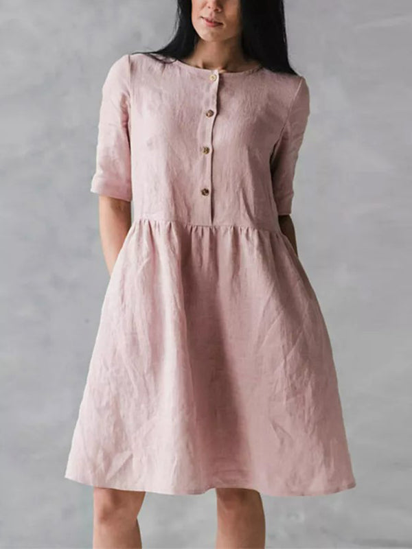 Cotton Linen Round Neck Loose Solid Color Pocket Dress BLUE ZONE PLANET