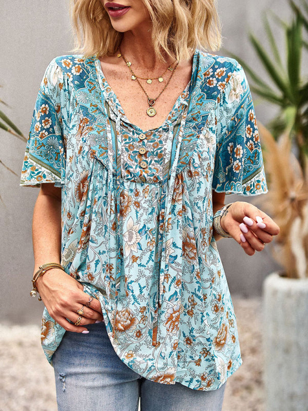 Blue Zone Planet |  V Neck Short Sleeve Printed Short Sleeve Shirt BLUE ZONE PLANET