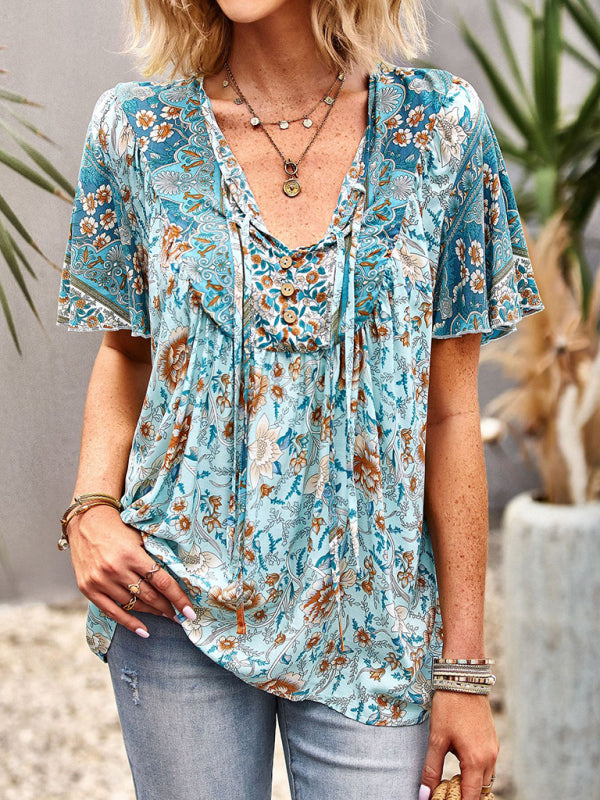Blue Zone Planet |  V Neck Short Sleeve Printed Short Sleeve Shirt BLUE ZONE PLANET