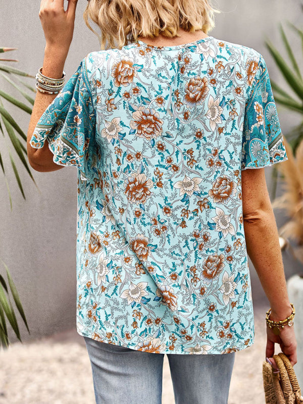 Blue Zone Planet |  V Neck Short Sleeve Printed Short Sleeve Shirt BLUE ZONE PLANET