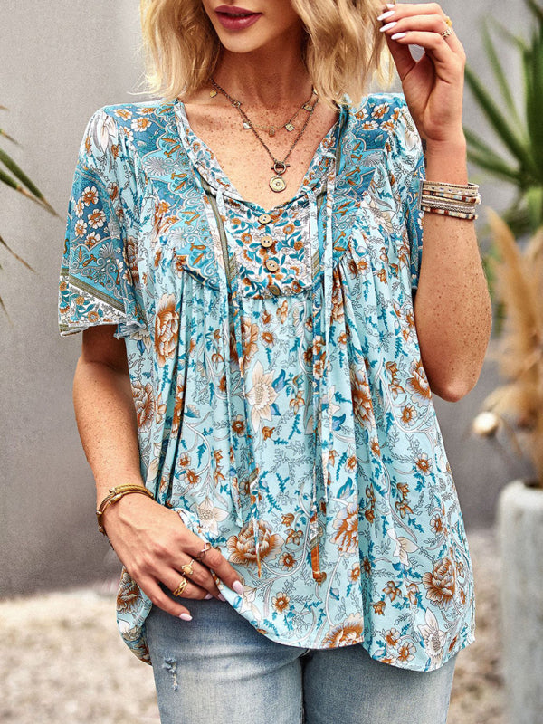 Blue Zone Planet |  V Neck Short Sleeve Printed Short Sleeve Shirt BLUE ZONE PLANET