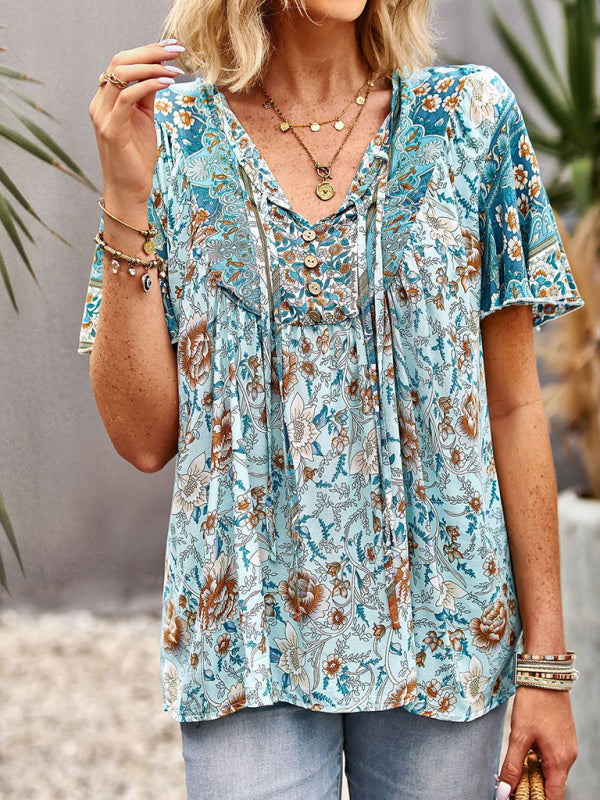 Blue Zone Planet |  V Neck Short Sleeve Printed Short Sleeve Shirt BLUE ZONE PLANET