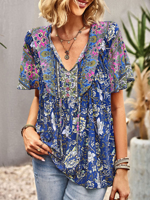 Blue Zone Planet |  V Neck Short Sleeve Printed Short Sleeve Shirt BLUE ZONE PLANET