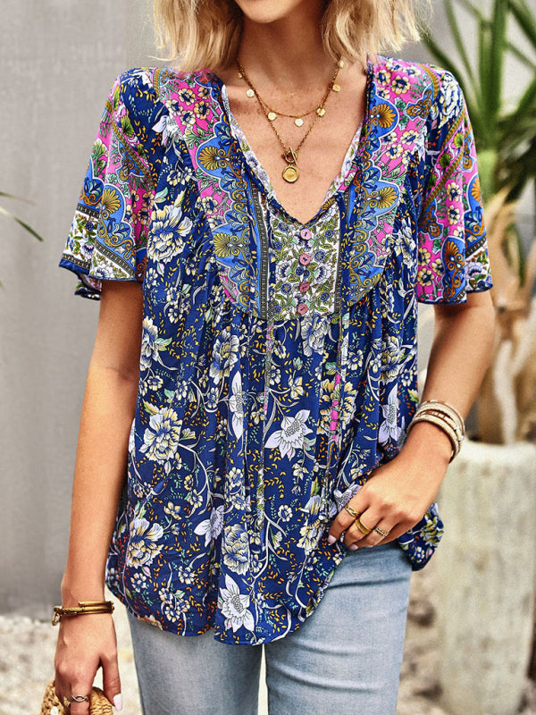 Blue Zone Planet |  V Neck Short Sleeve Printed Short Sleeve Shirt BLUE ZONE PLANET